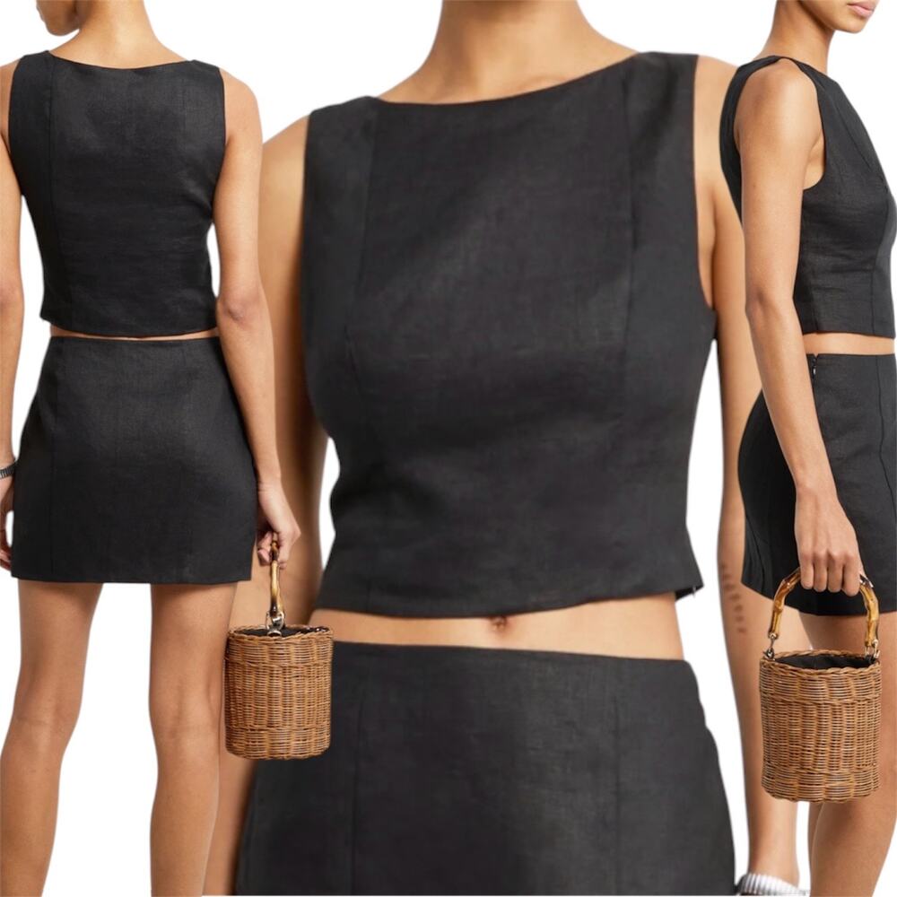 Few Moda Kourt Black Minimalist Linen Square Neck Crop Top Size 4 Small